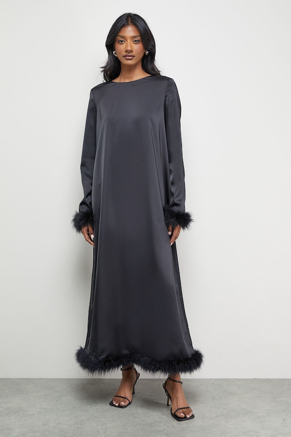 Warehouse Premium Satin Feather High Neck Swing Midi Dress Black