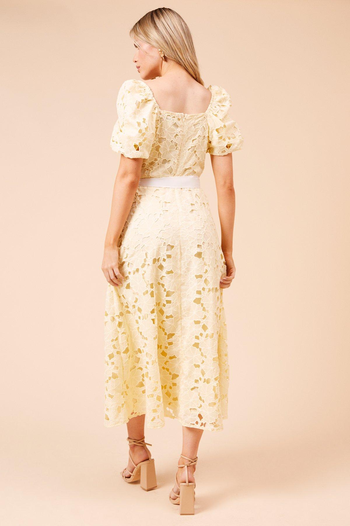 Dorothy Perkins DP Luxe Cut-Work Lace Contrast Belt Midi Dress Lemon image 3