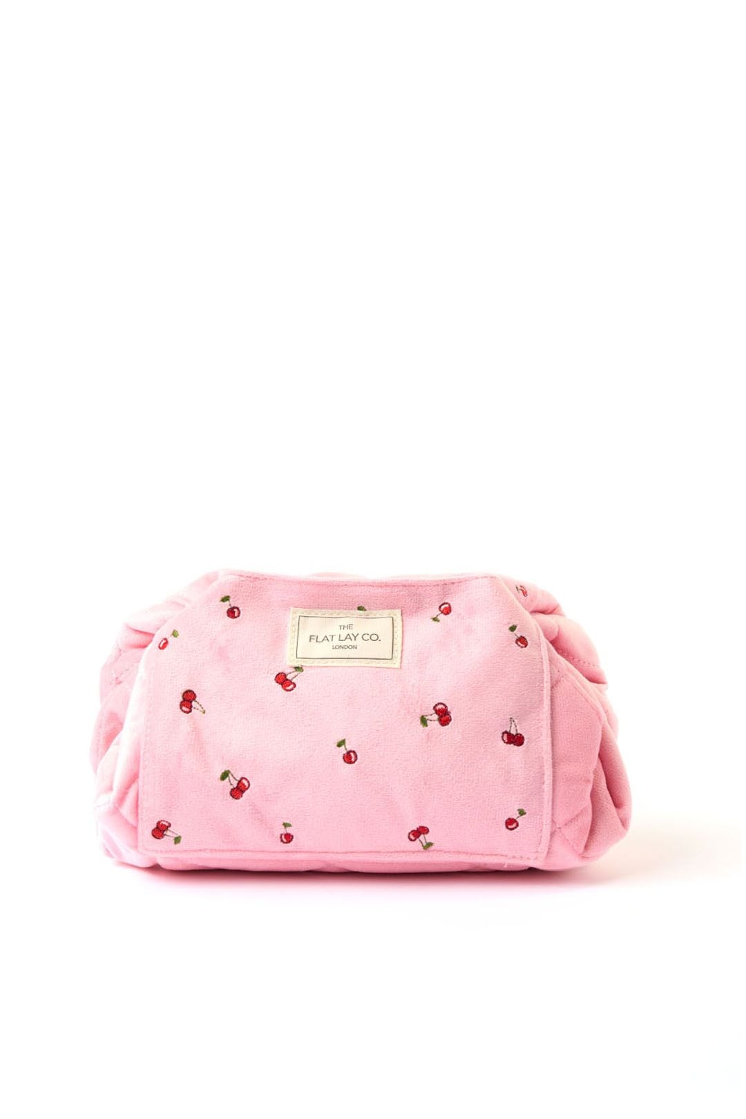 The Flat Lay Co Drawstring Makeup Bag - Ditsy Cherries Pink Embroidered Velvet Multi image 1