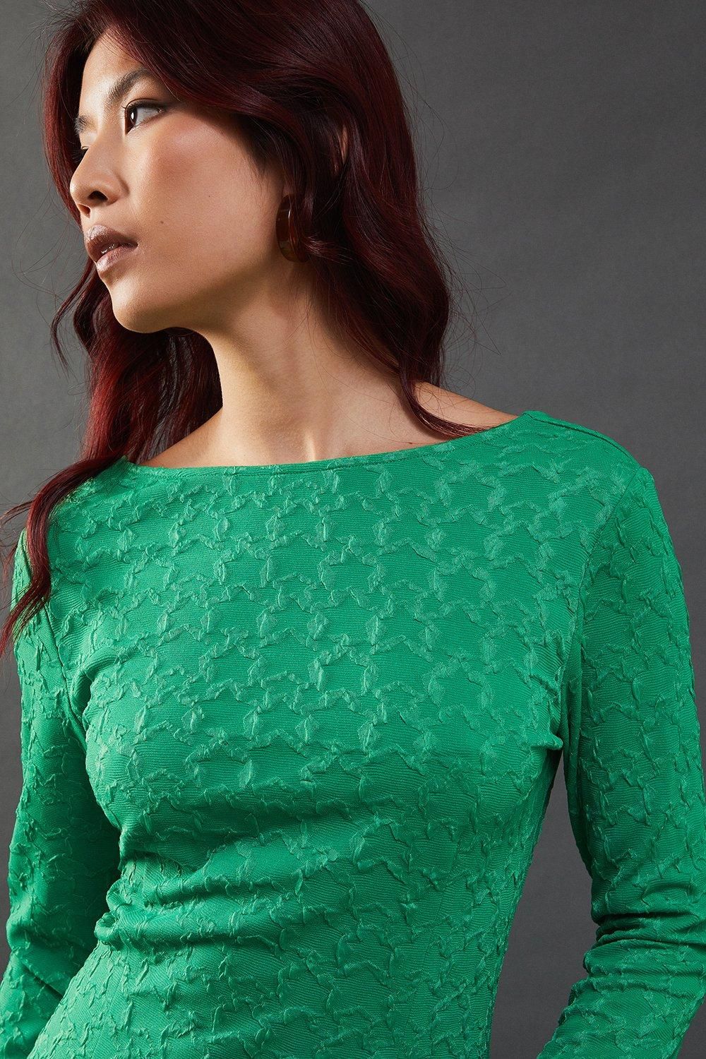 Warehouse Jersey Jacquard Slash Neck Scoop Back Midi Dress Olive image 2