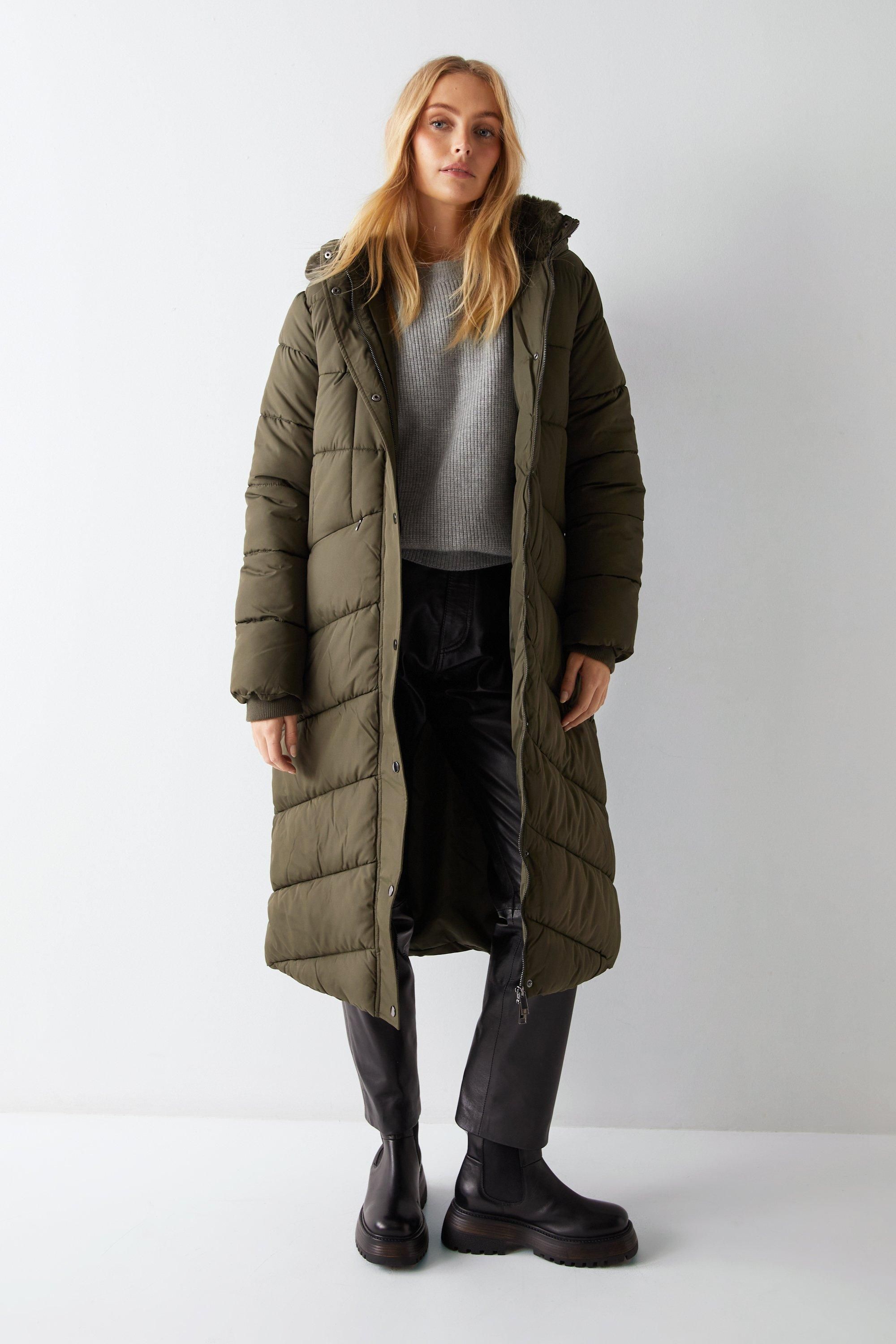 Warehouse Teddy Lined Padded Maxi Duvet Coat Washed Khaki image 3