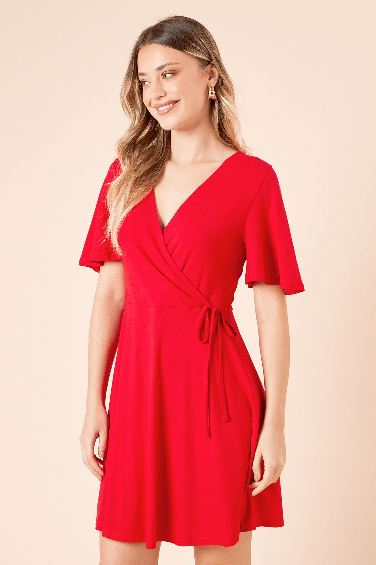 Dorothy Perkins Wrap Front Angel Sleeve Jersey Mini Dress Red image 2