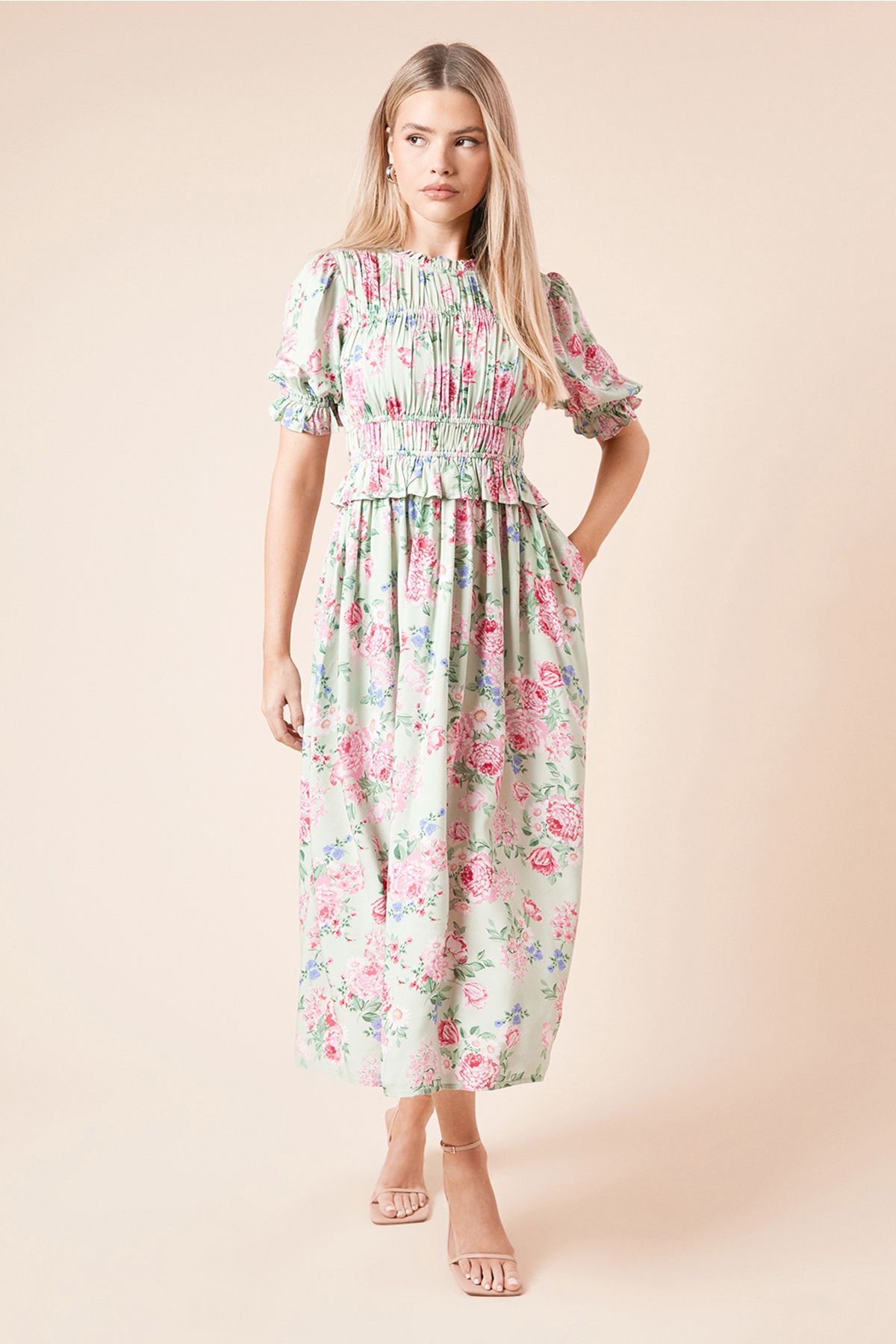 Dorothy Perkins Floral Shirred Bodice Puff Sleeve Midi Dress Floral image 1