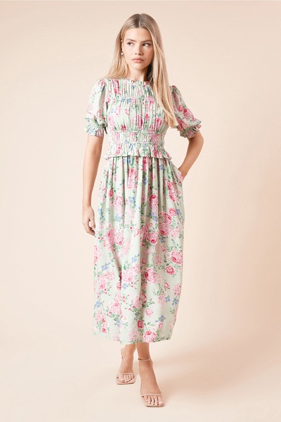 Dorothy Perkins Floral Shirred Bodice Puff Sleeve Midi Dress Floral