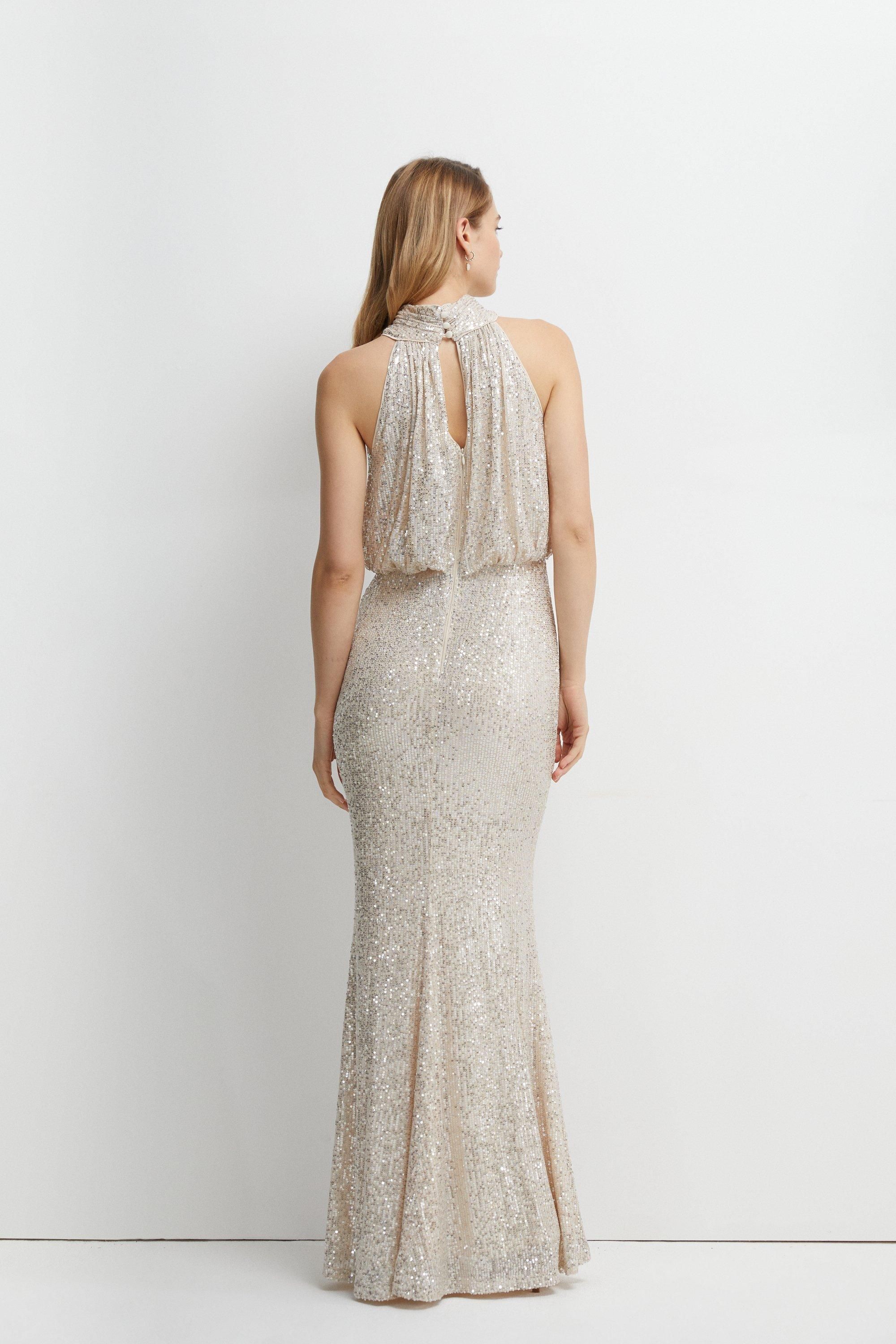 Coast Halterneck Sequin Bridesmaid Maxi Dress Champagne image 4