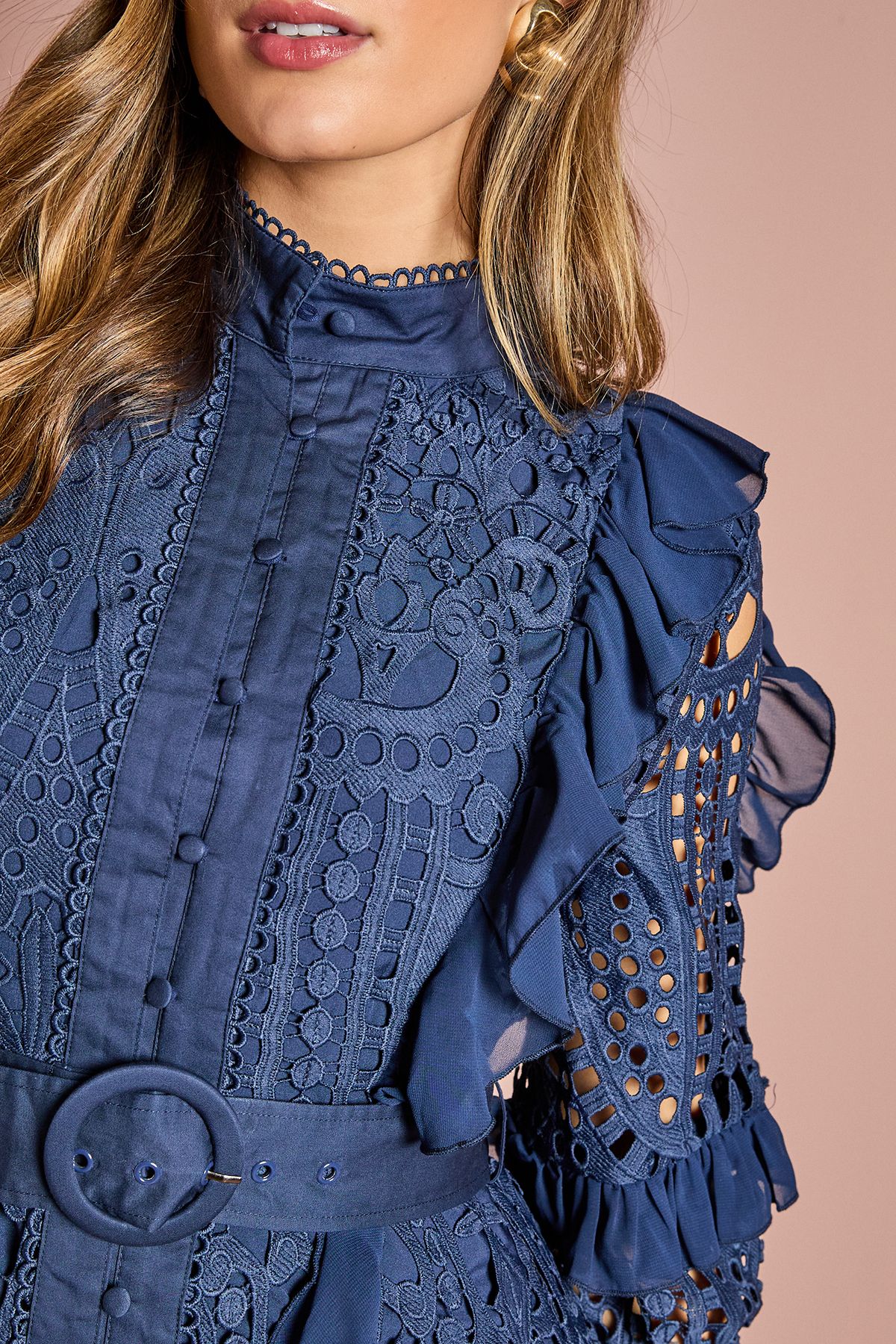 Coast Lace Ruffle Shirt Dress With Tie Navy image 5