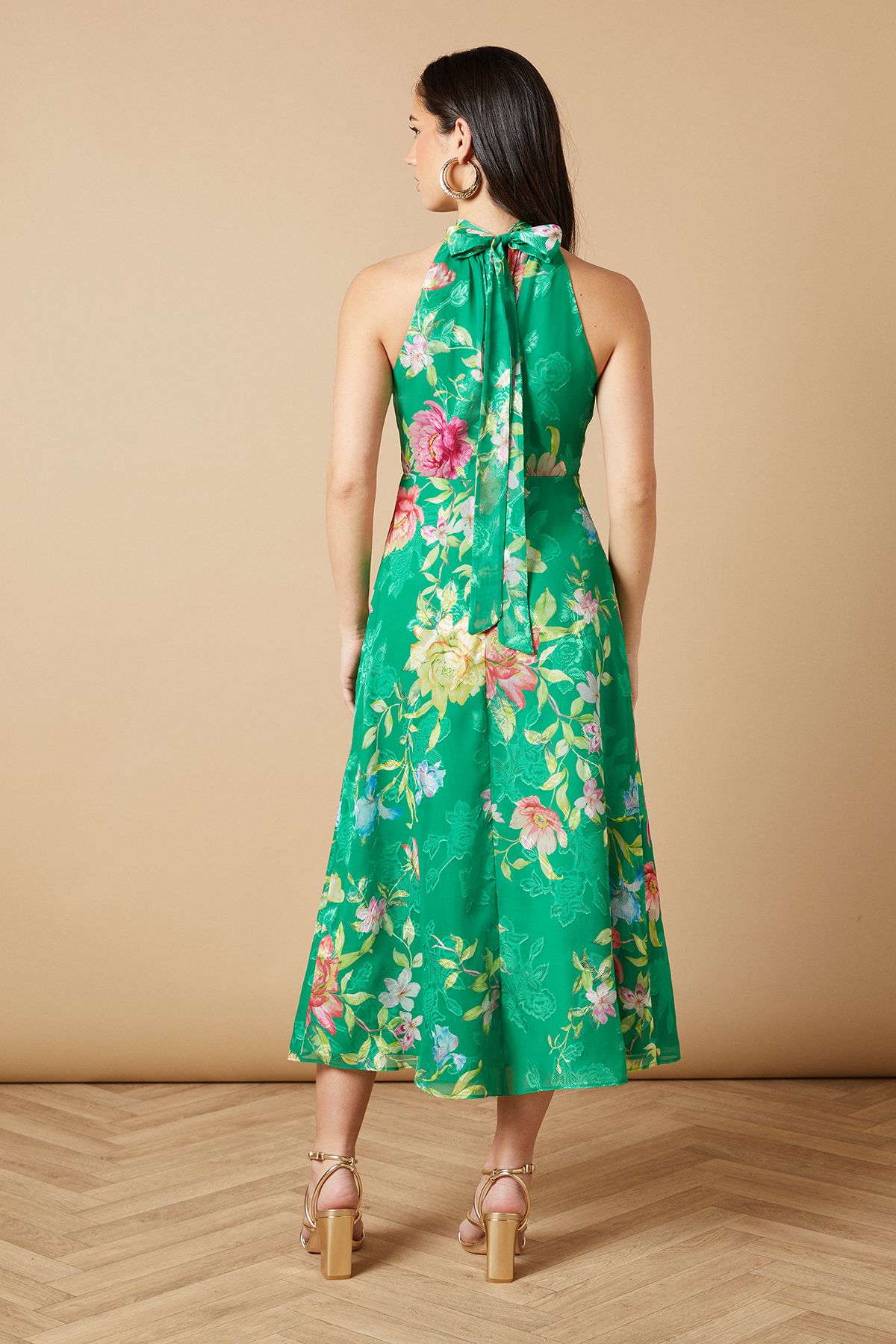 Oasis Floral Satin Burnout Halterneck Midi Dress Green image 4