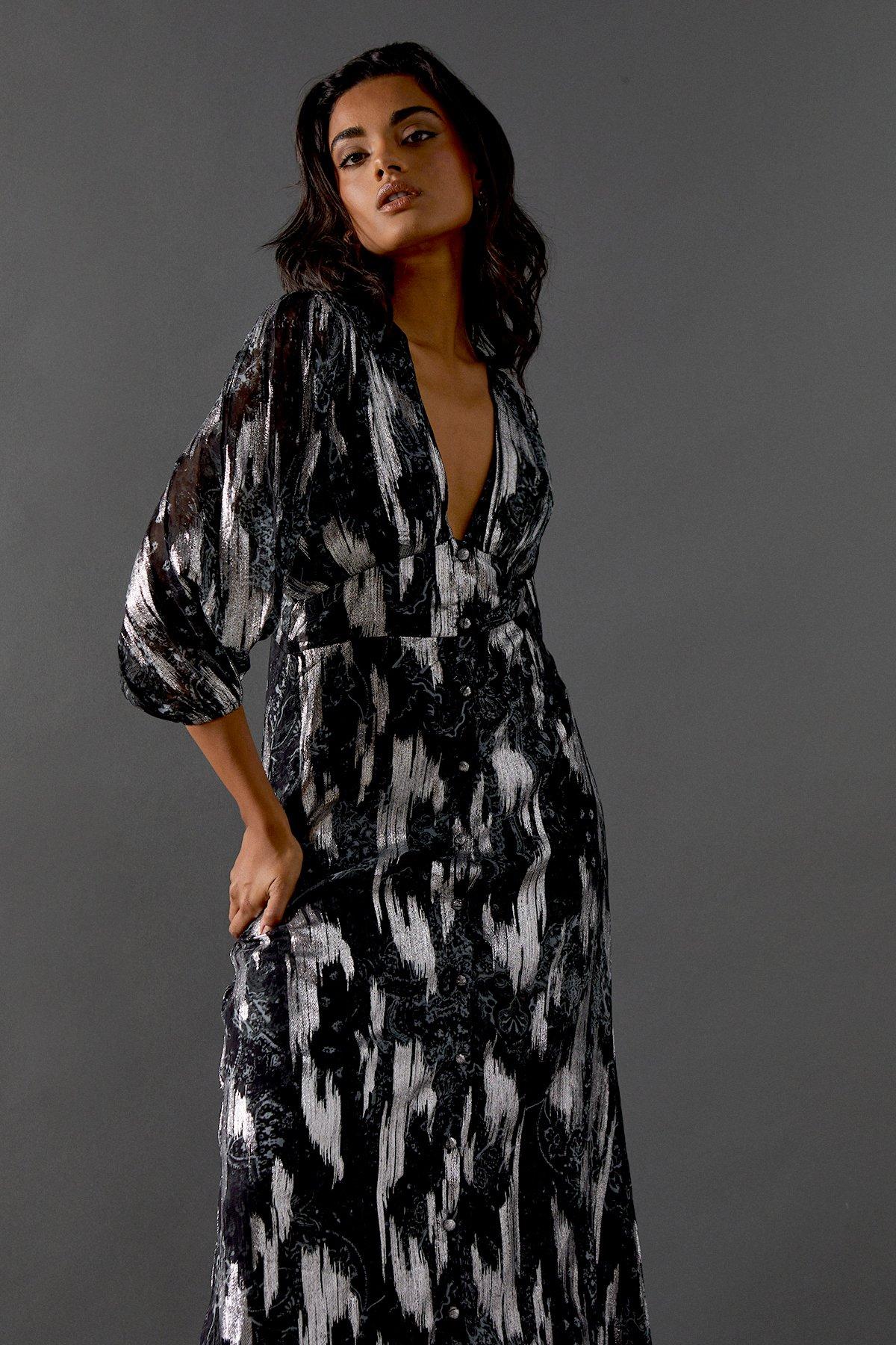 Warehouse Grey Metallic Paisley Jacquard Plunge Neck Button