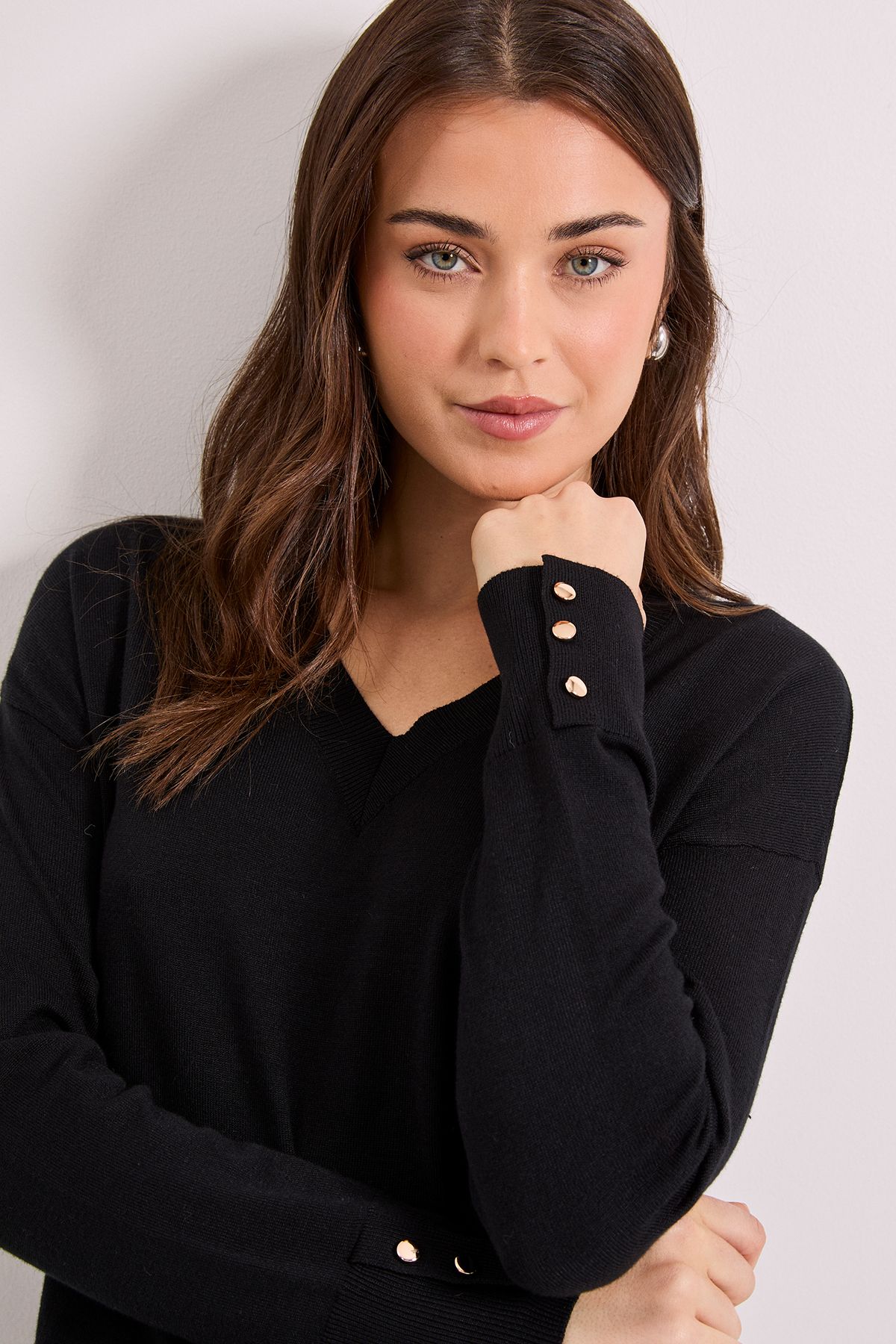 Dorothy Perkins Black V Neck Button Cuff Jumper Black image 4