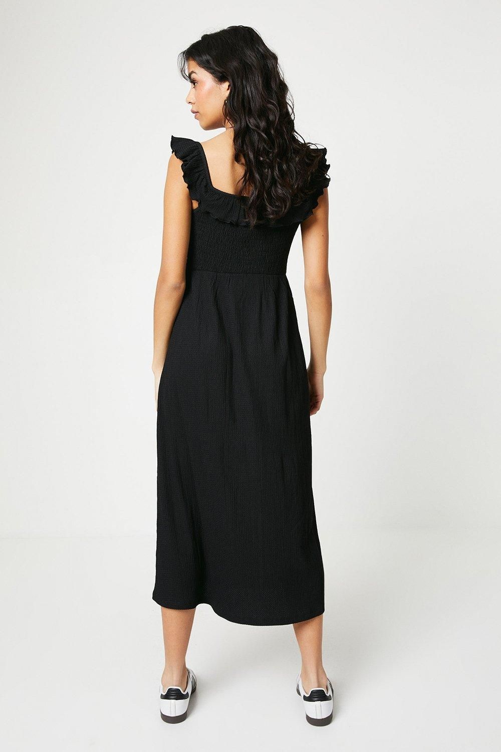 Dorothy Perkins Petite Shirred Bodice Ruffle Neckline Jersey Midi Dress Black image 3