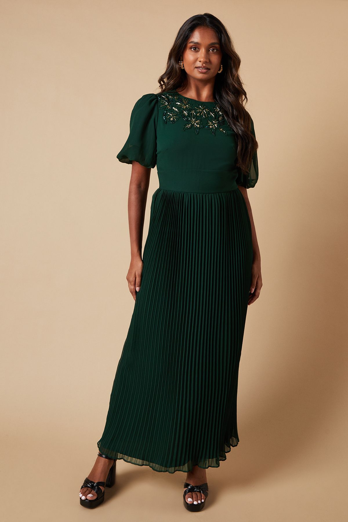 Oasis Occasion Embellished Pleated Maxi Dress Green image 1