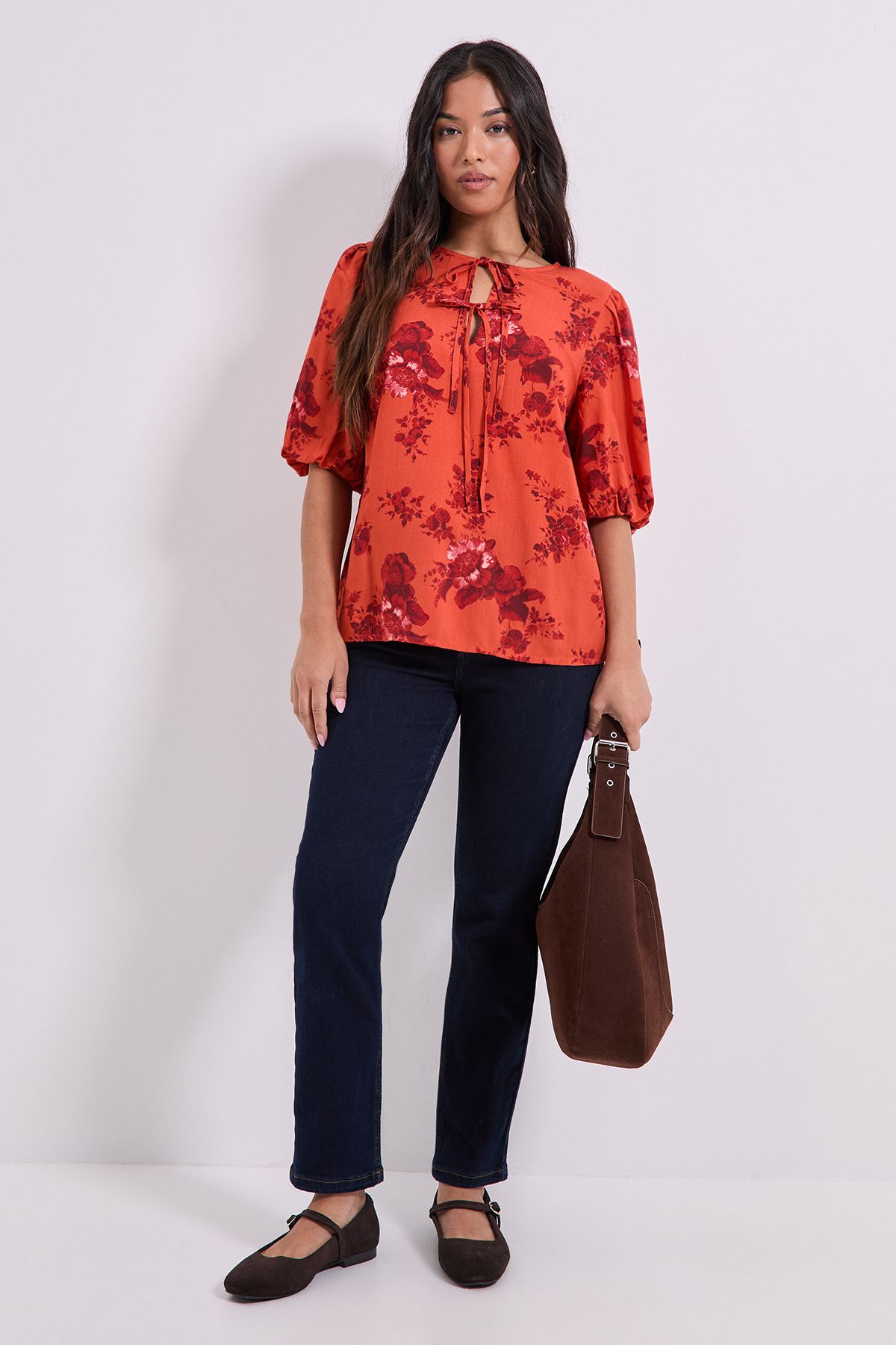 Dorothy Perkins Petite Tie Detail Puff Sleeve Printed Top Rust image 4