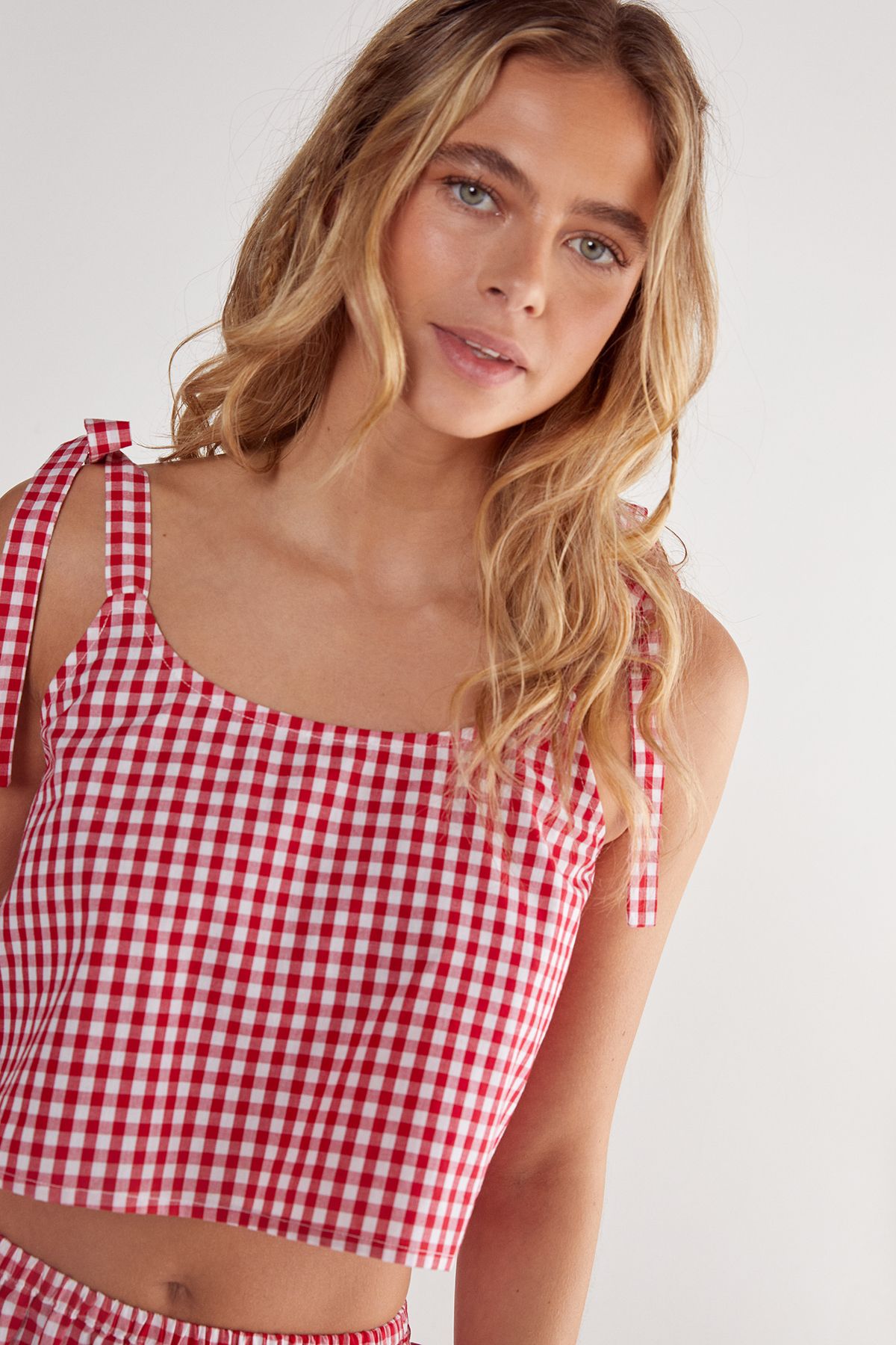 NastyGal Gingham Tie Side Pajama Pants Set Red image 4