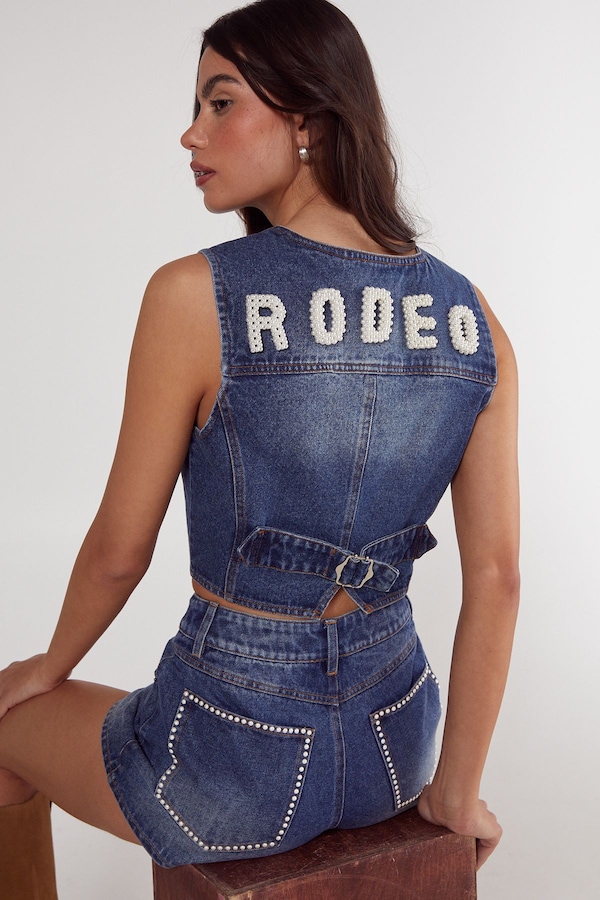 NastyGal Pearl Rodeo Denim Waistcoat Authentic Midwash