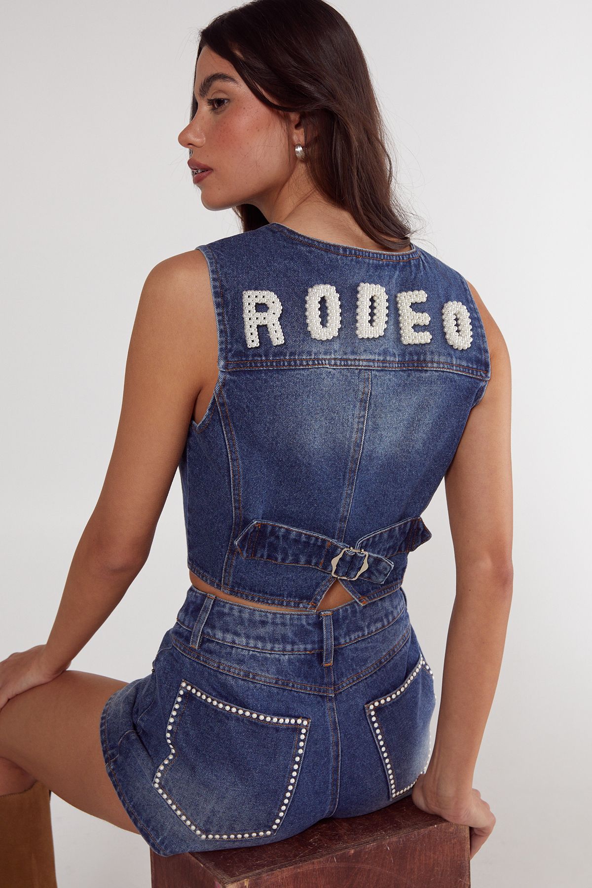 NastyGal Pearl Rodeo Denim Waistcoat Authentic Midwash image 1