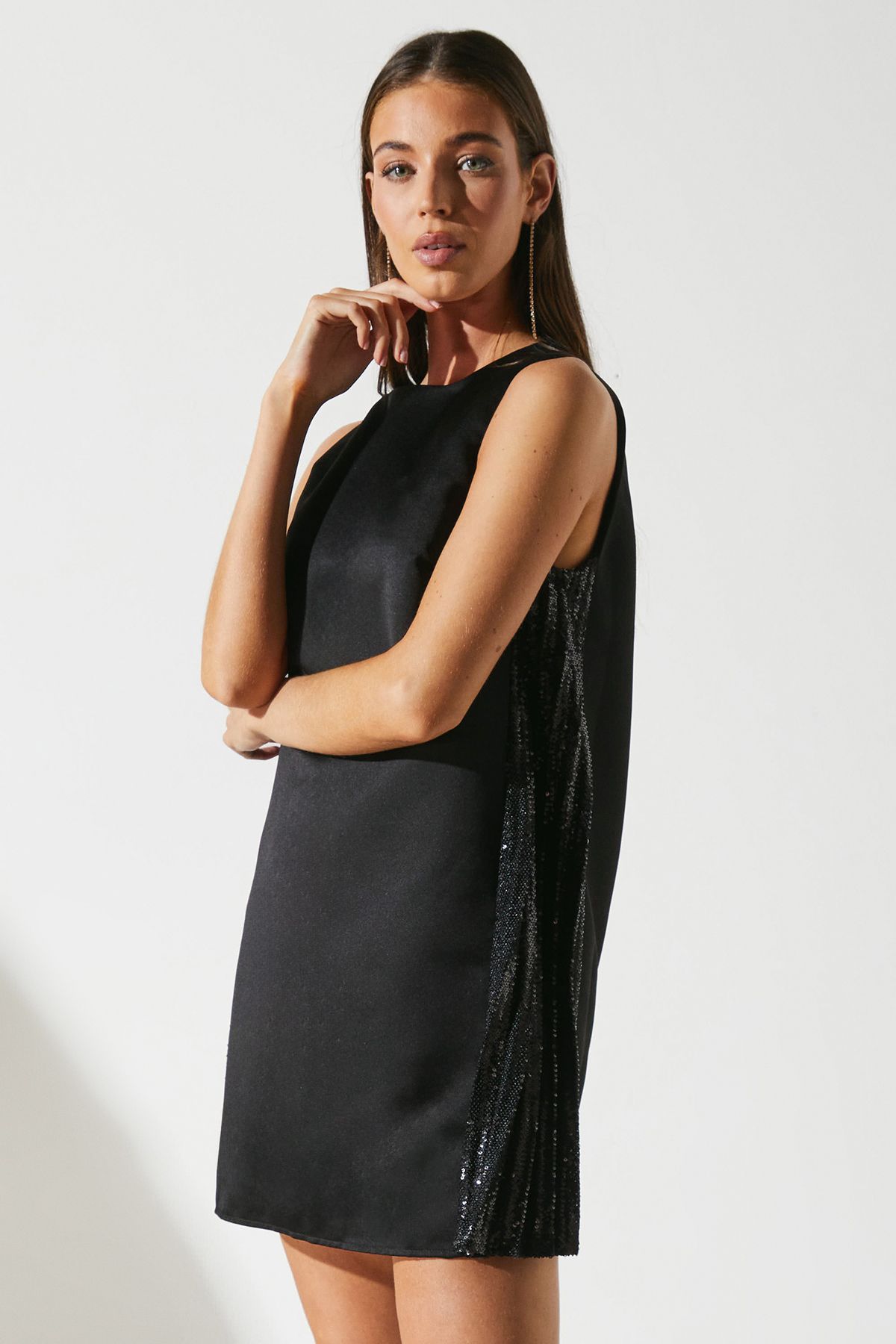 Coast Party Satin Swing Dress With Sequin Trim Black image 1