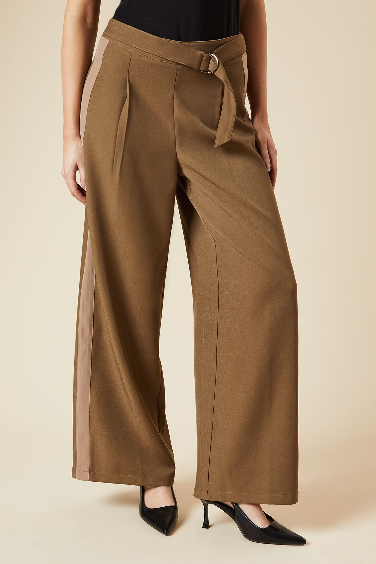 Dorothy Perkins Belt Detail Side Stripe Wide Leg Trouser Khaki image 2