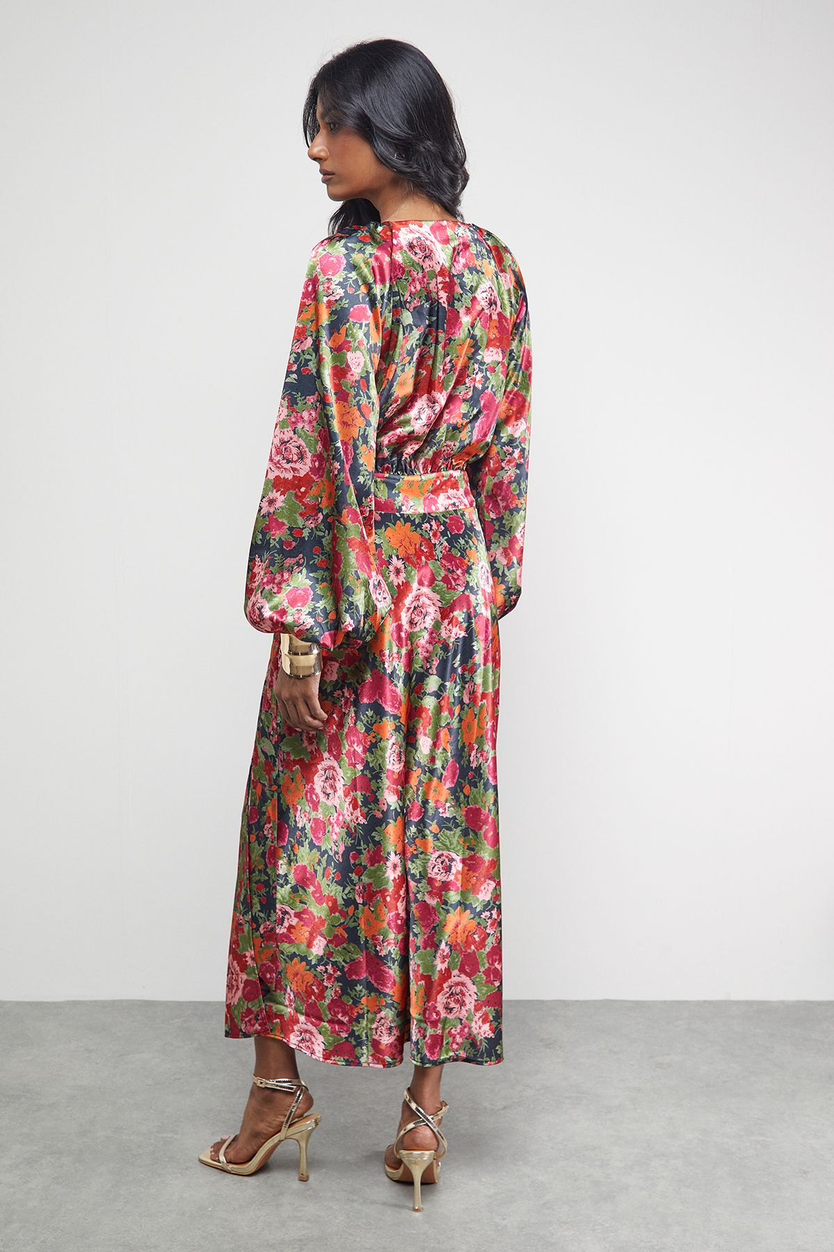 Warehouse Satin Tie Waist Wrap Ruffle Tier Maxi Dress Floral image 3