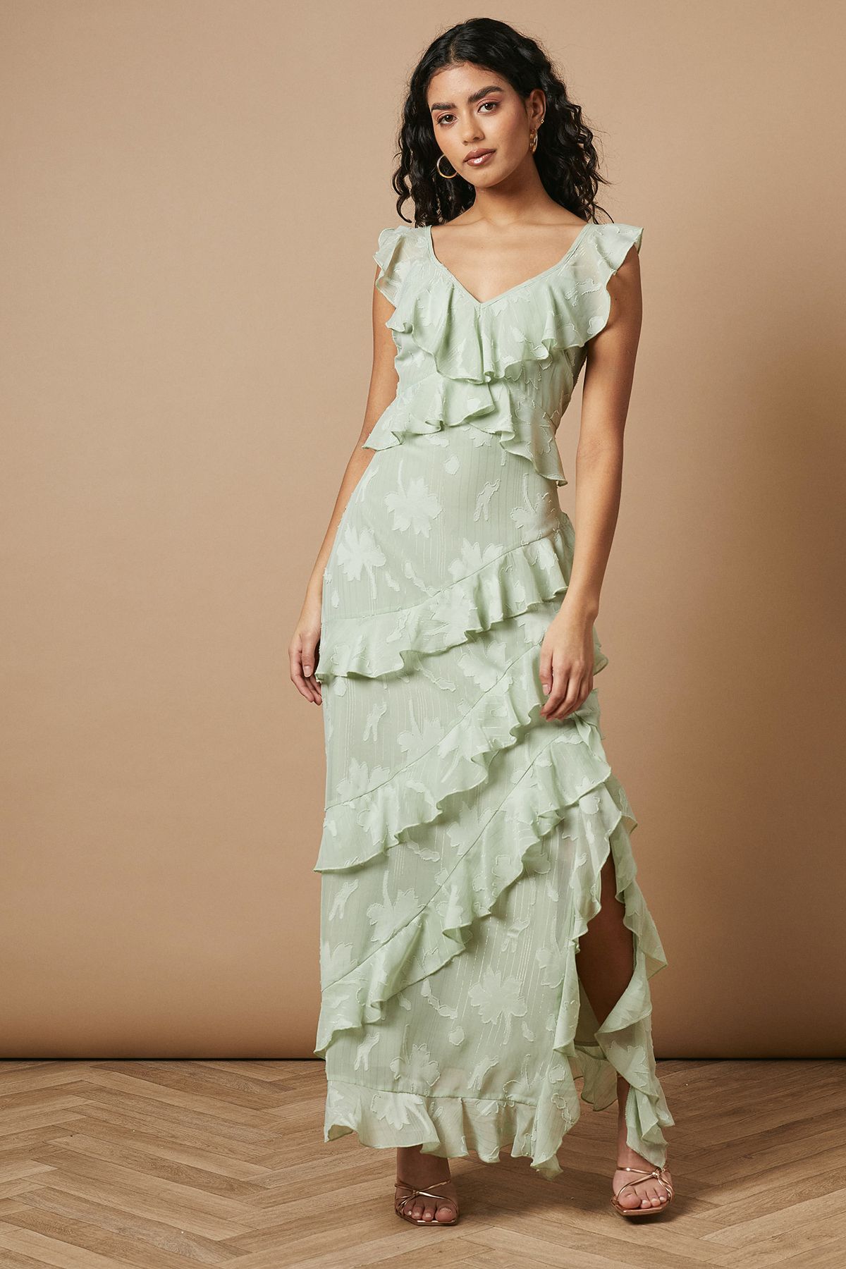 Oasis Petite Ruffle Jacquard Print Maxi Dress Sage