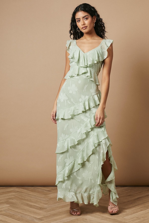 Oasis Petite Ruffle Jacquard Print Maxi Dress Sage