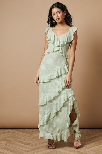 Oasis Petite Ruffle Jacquard Print Maxi Dress Sage