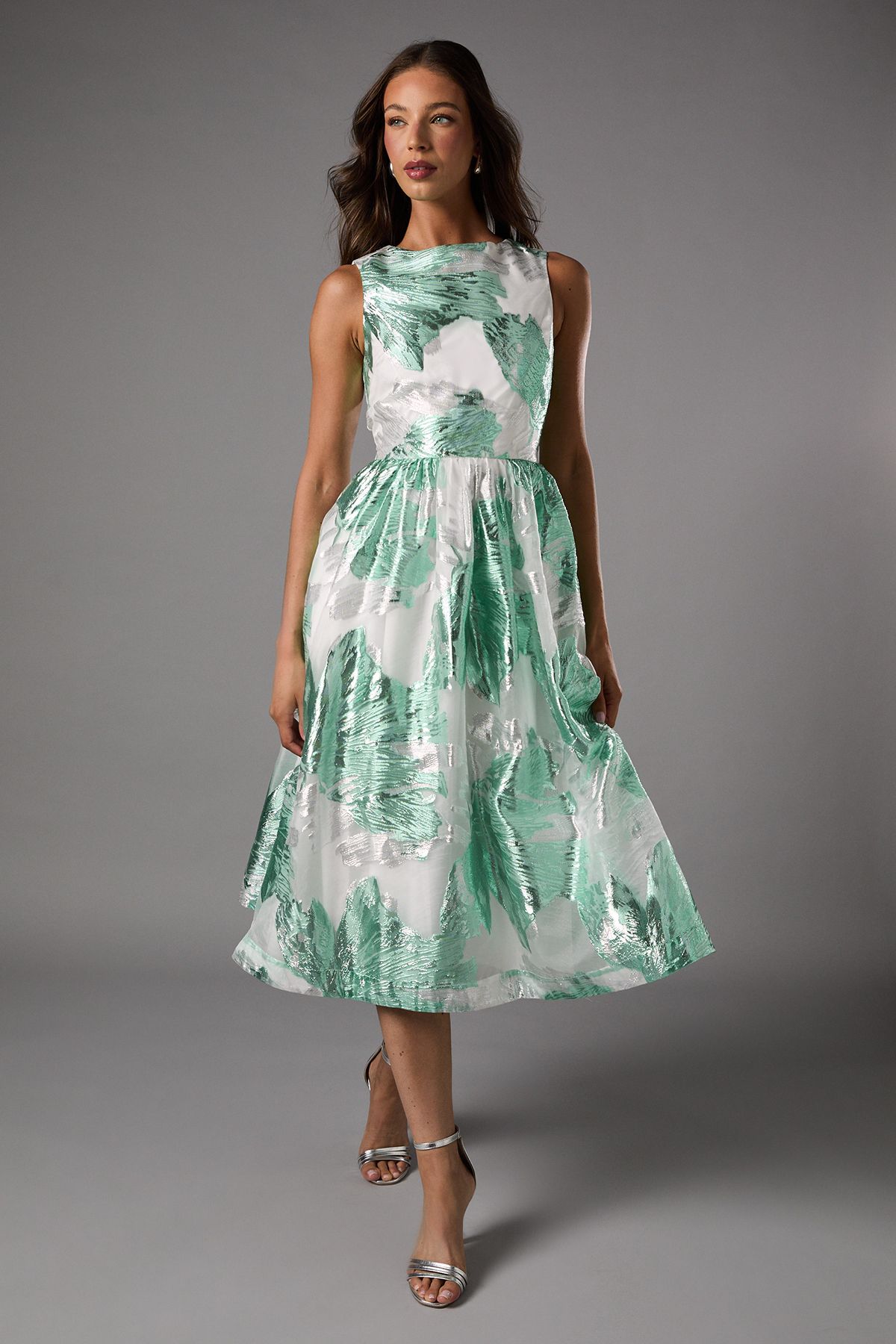 Coast Sleeveless Jacquard Fit And Flare Midi Dress Green image 1