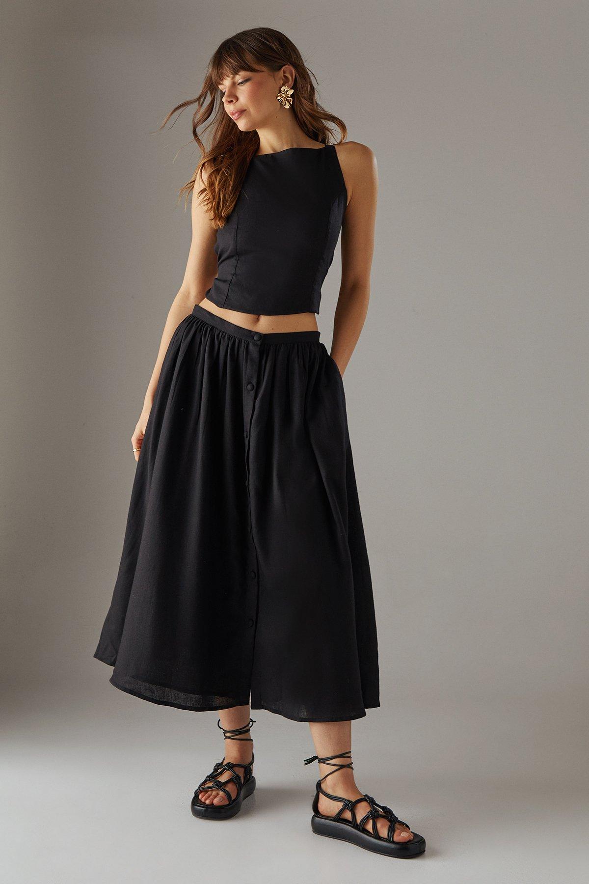 Warehouse Premium Linen Blend Drop Waist Button Through Maxi Skirt Black image 2