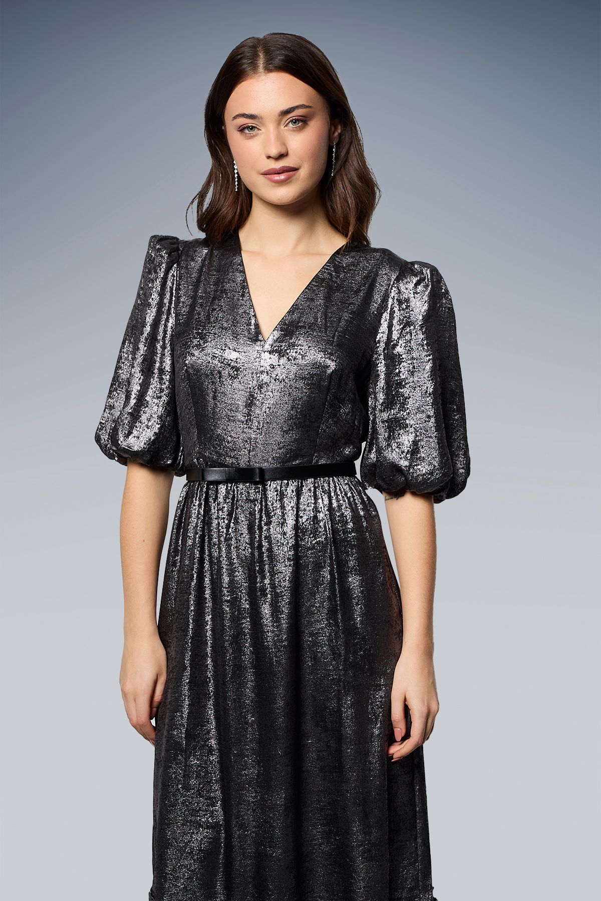 Dorothy Perkins DP Luxe Metallic Puff Sleeve Tiered Maxi Dress Silver image 2