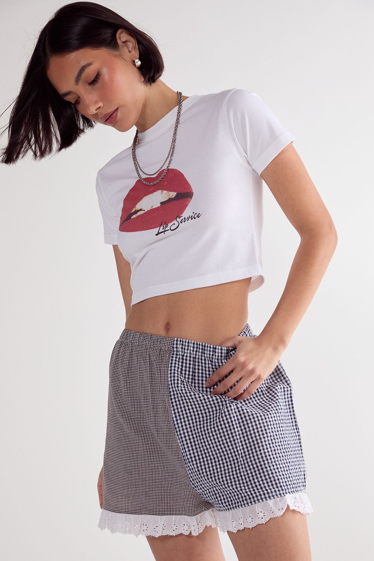 NastyGal Gingham Mix Broderie Ruffle Hem Shorts Mono image 1