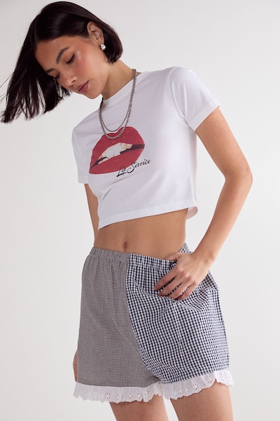 NastyGal Gingham Mix Broderie Ruffle Hem Shorts Mono