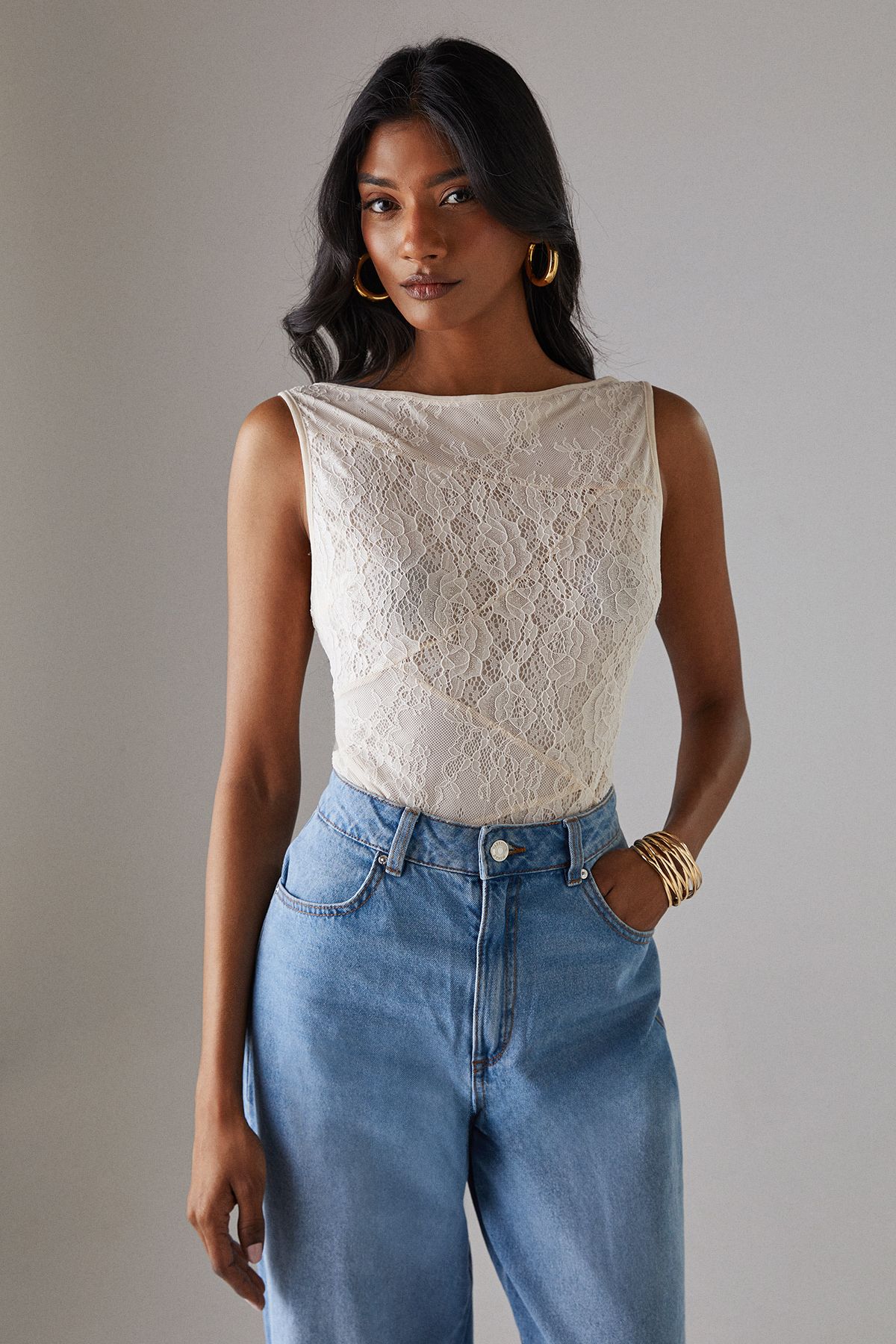 Warehouse Lace Panelled Sleeveless Bodysuit Cream image 1