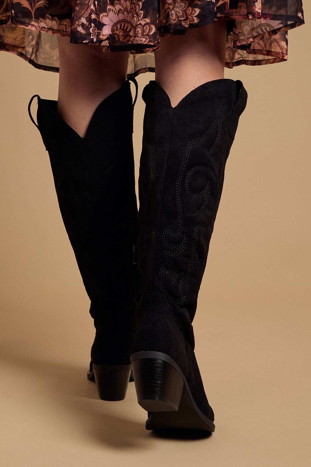 Oasis Jess Faux Suede Embroidered Western Knee Boots Natural Black image 3