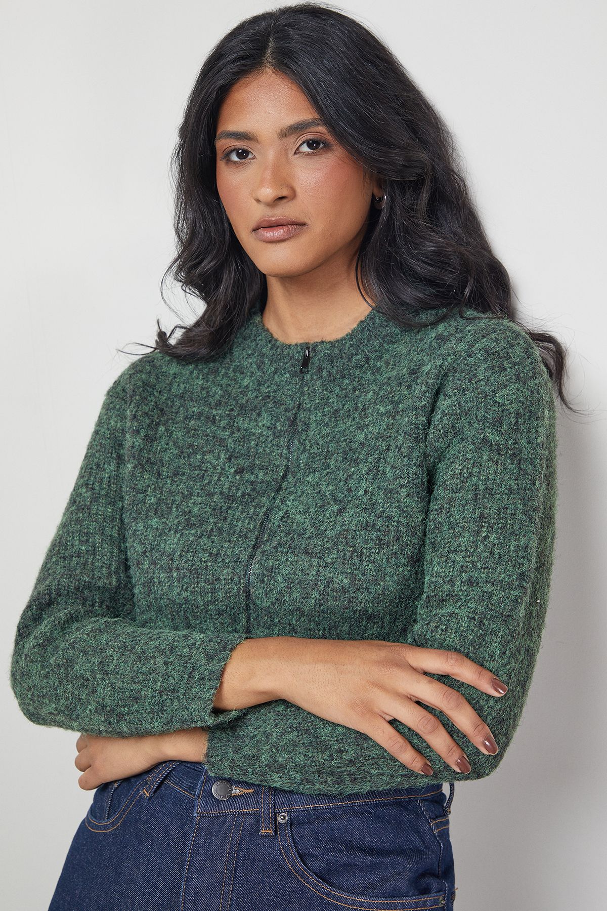 Warehouse Zip Up Rib Crew Cardigan Emerald image 1