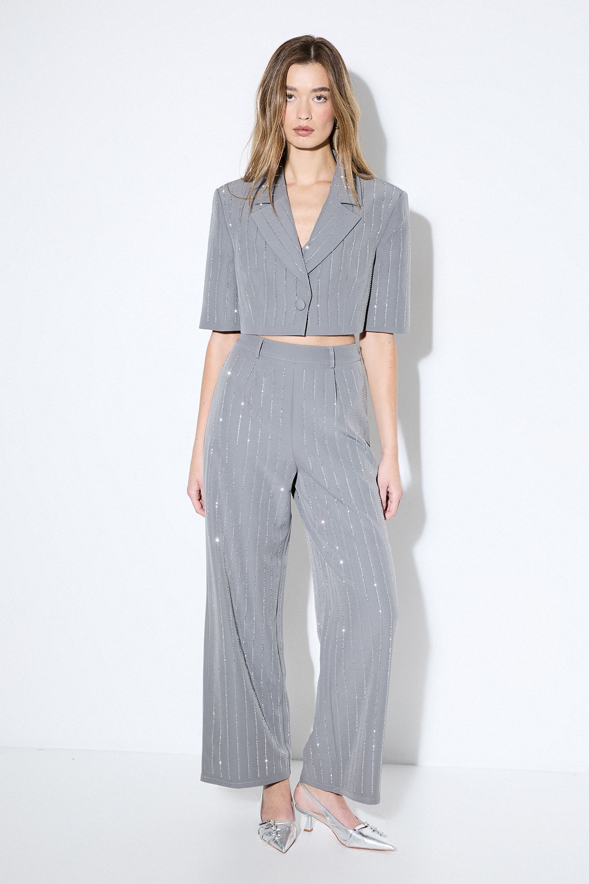 MissPap Premium Embellished Cropped Blazer Grey image 2