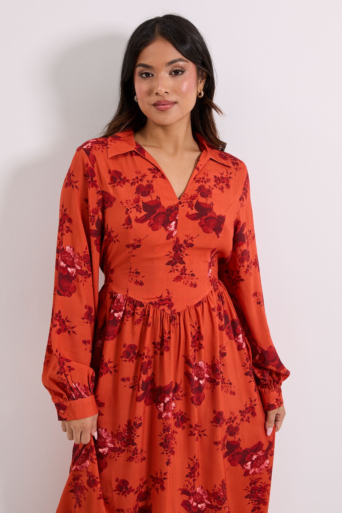 Dorothy Perkins Petite Seam Detail Collared Blouson Sleeve Printed Midi Dress Rust image 2