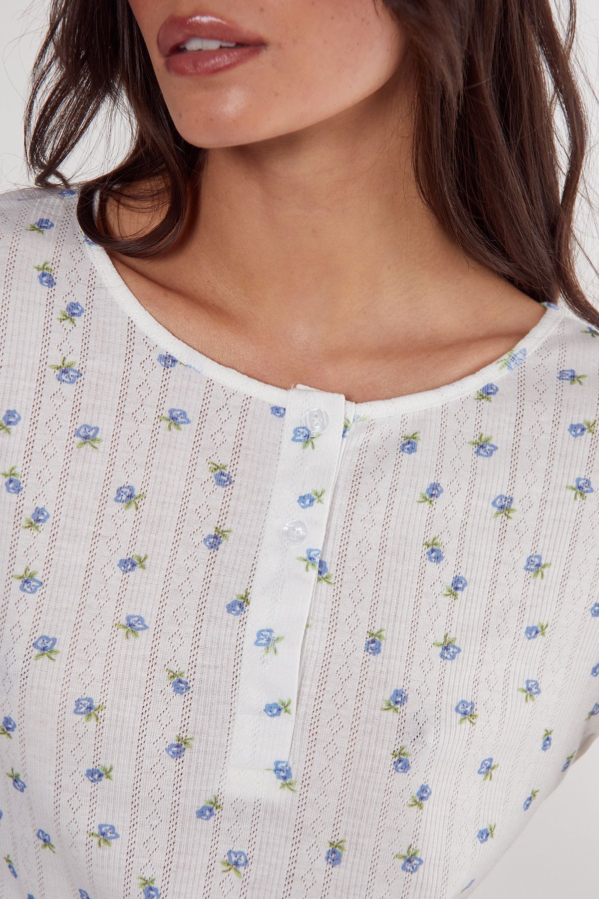 NastyGal Pointelle Ditsy Floral Long Sleeve Top and Short Pajama Set White image 2