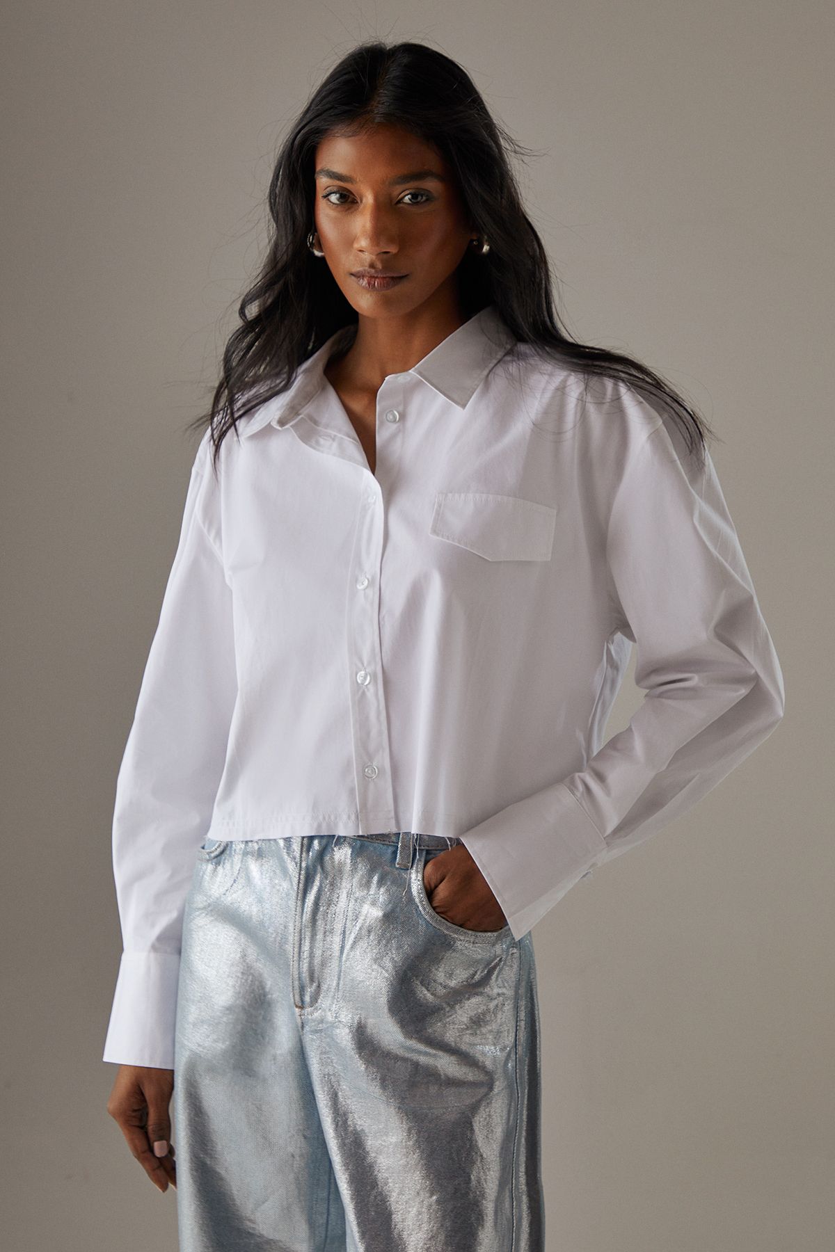 Warehouse Cropped Frayed Hem Shirt White image 1