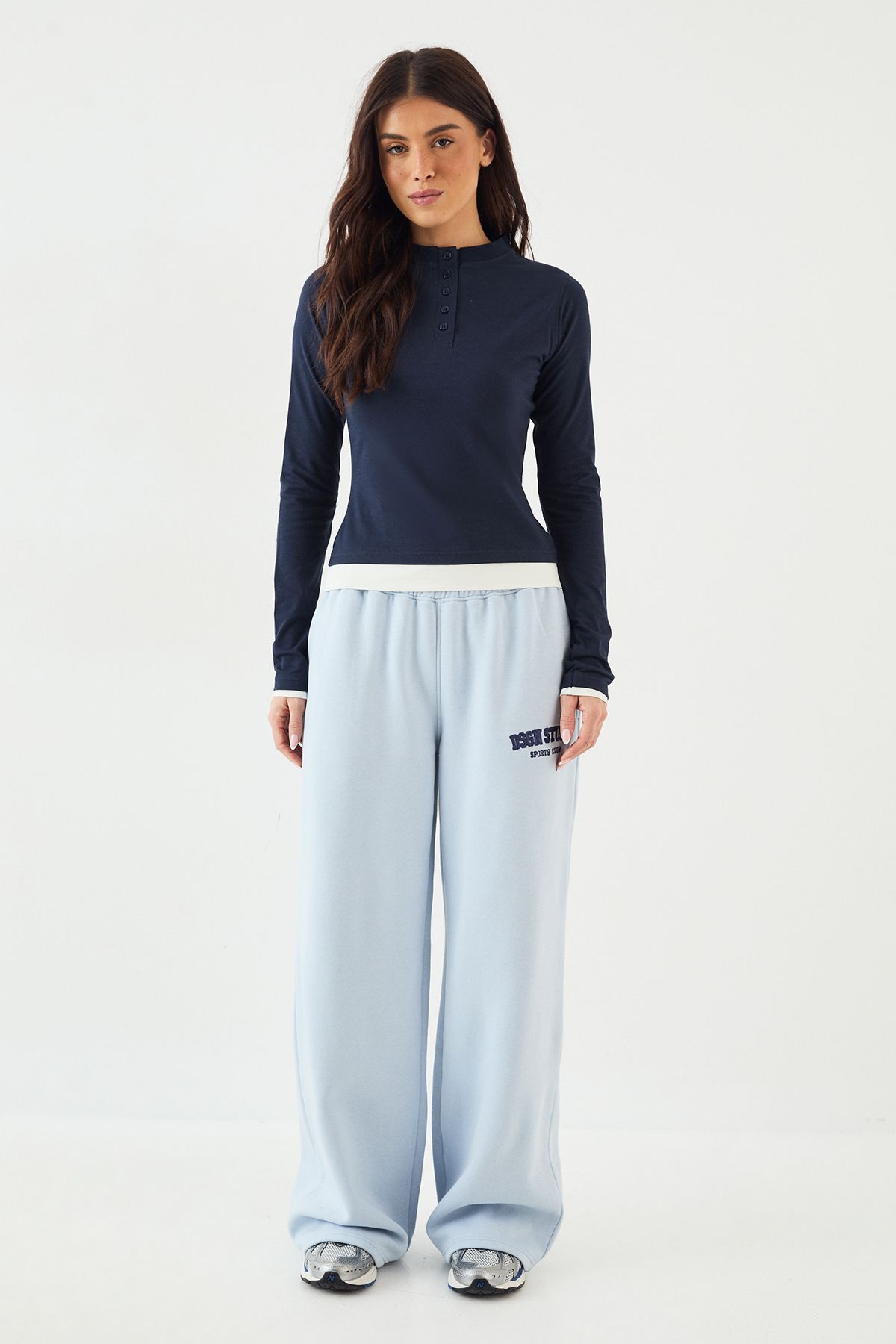 DSGN Studio DSGN Studio Contrast Button Detail Long Sleeve Top Navy image 5