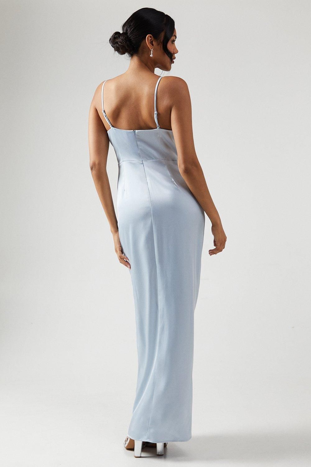 Oasis Ruche Side Strappy Satin Maxi Bridesmaid Dress Light Blue image 3