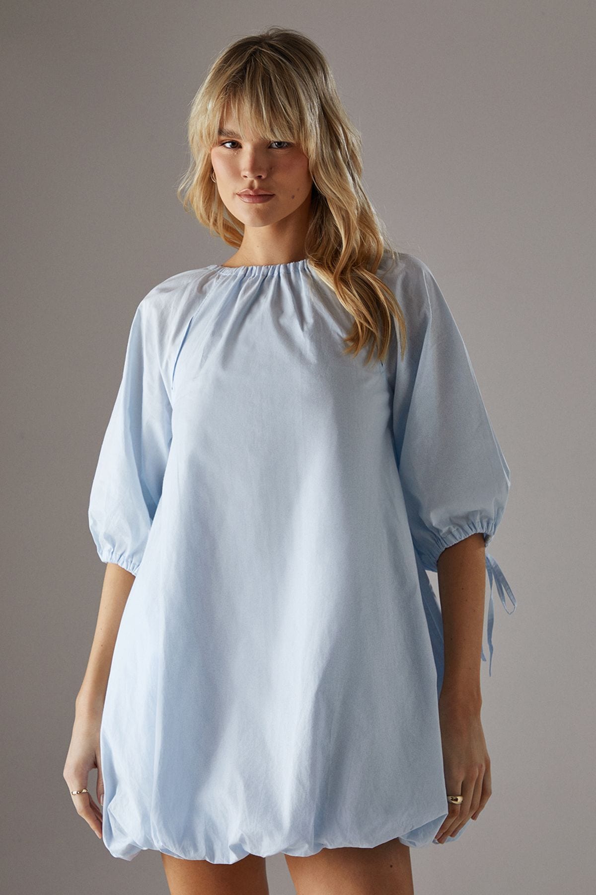 Warehouse Poplin Bubble Balloon Sleeve Mini Dress Pale Blue image 2
