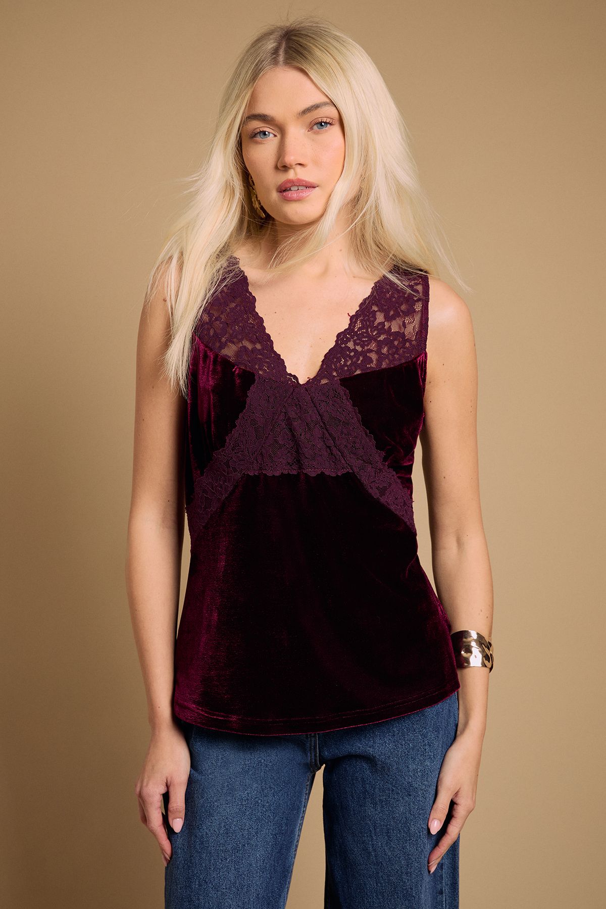 Oasis Velvet Lace Detail V Neck Cami Top Wine image 2
