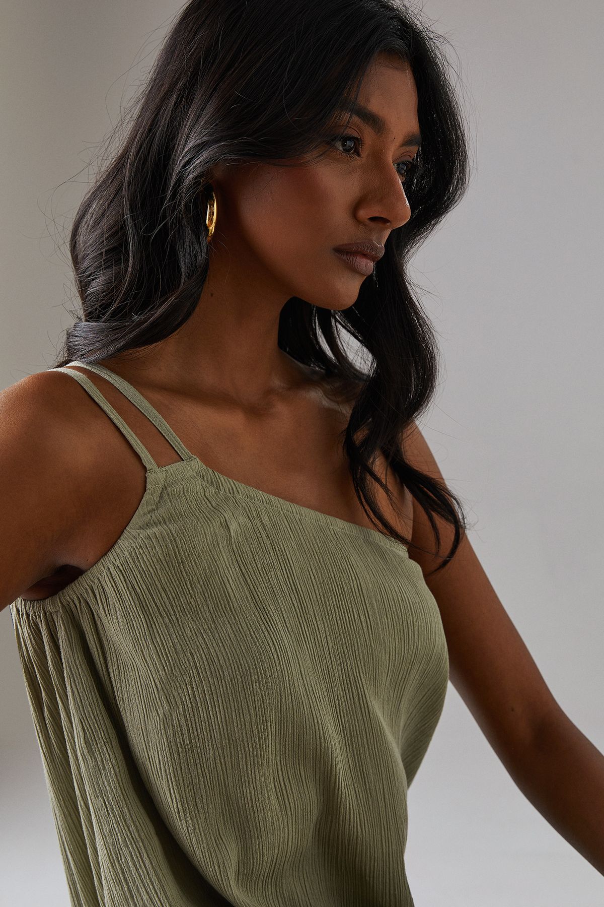 Warehouse Cheesecloth Double Strap One Shoulder Maxi Sundress Khaki image 2