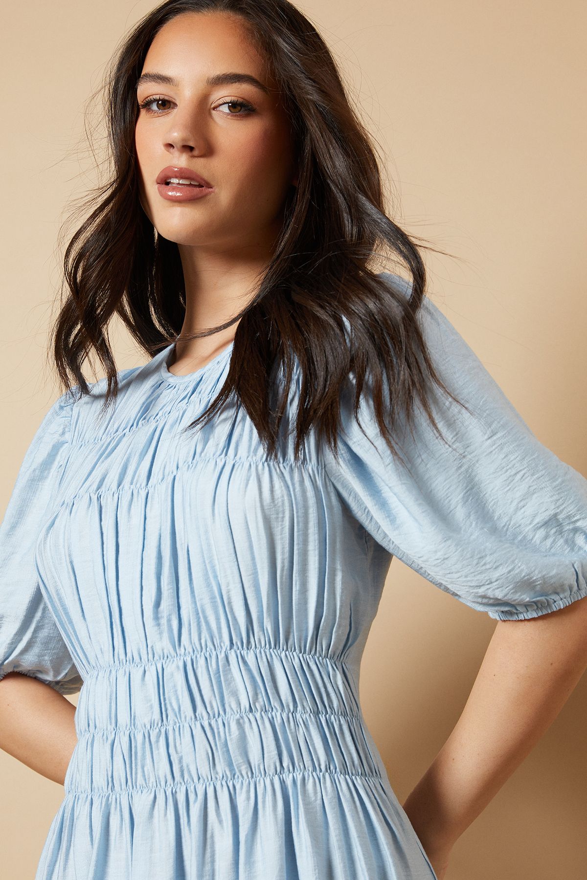 Oasis Shirred Bodice Puff Sleeve Midi Dress Blue image 2