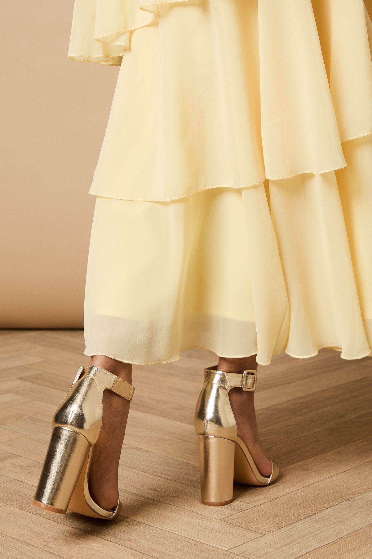 Oasis Milla Covered Buckle High Block Heel Sandals Gold image 3