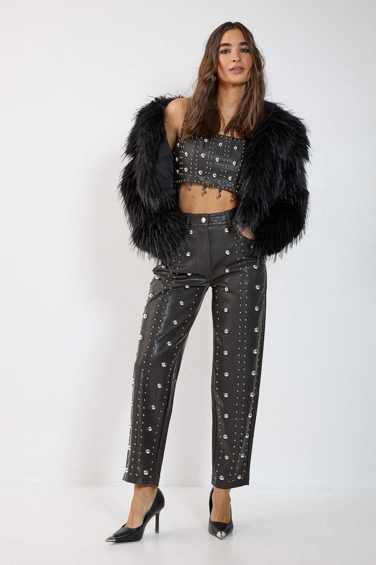 NastyGal Studded Faux Leather Crop Top Black image 2