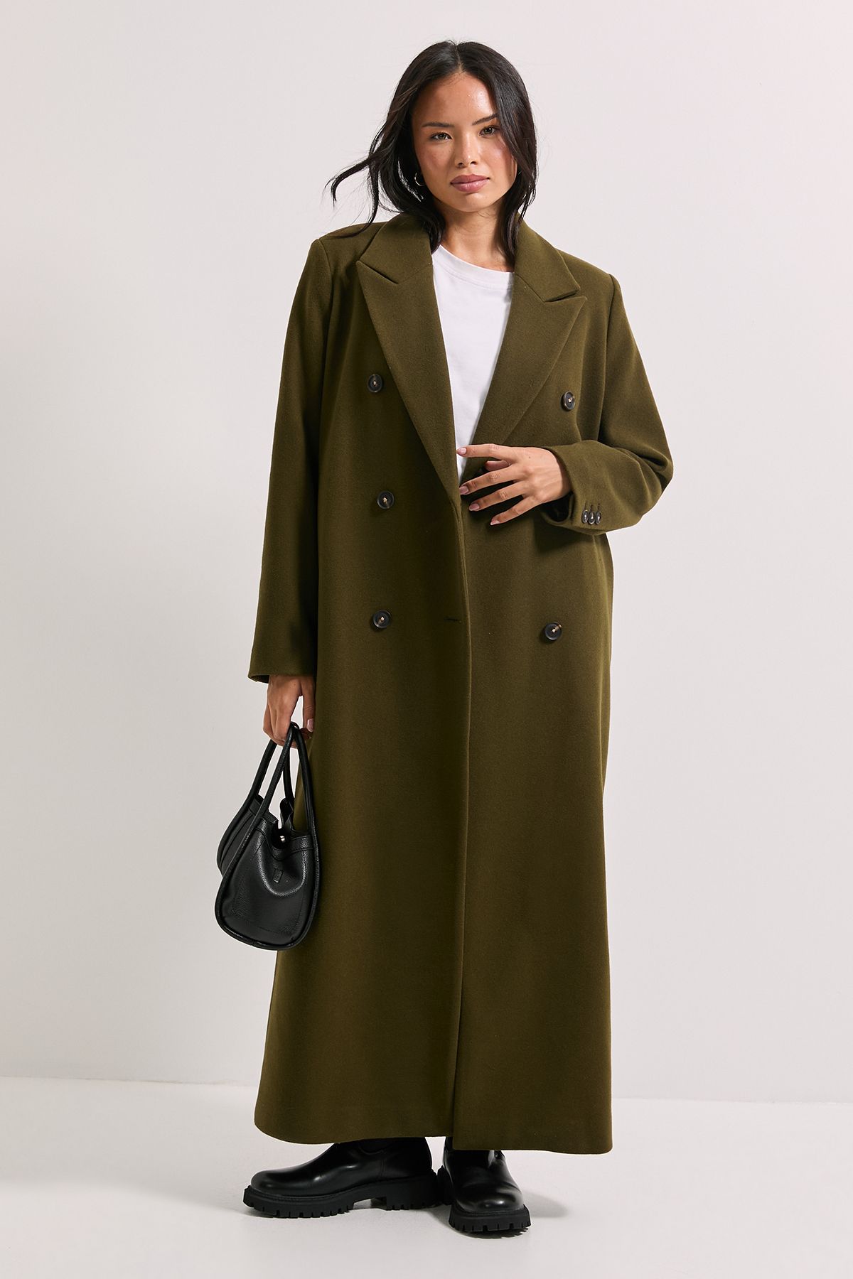 Dorothy Perkins Maxi Length Double Breasted Coat Olive