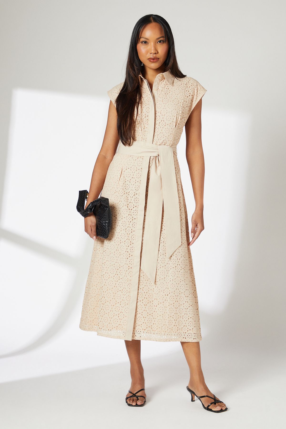 Principles Sand Broderie Tie Waist Midi Shirt Dress Sand image 1