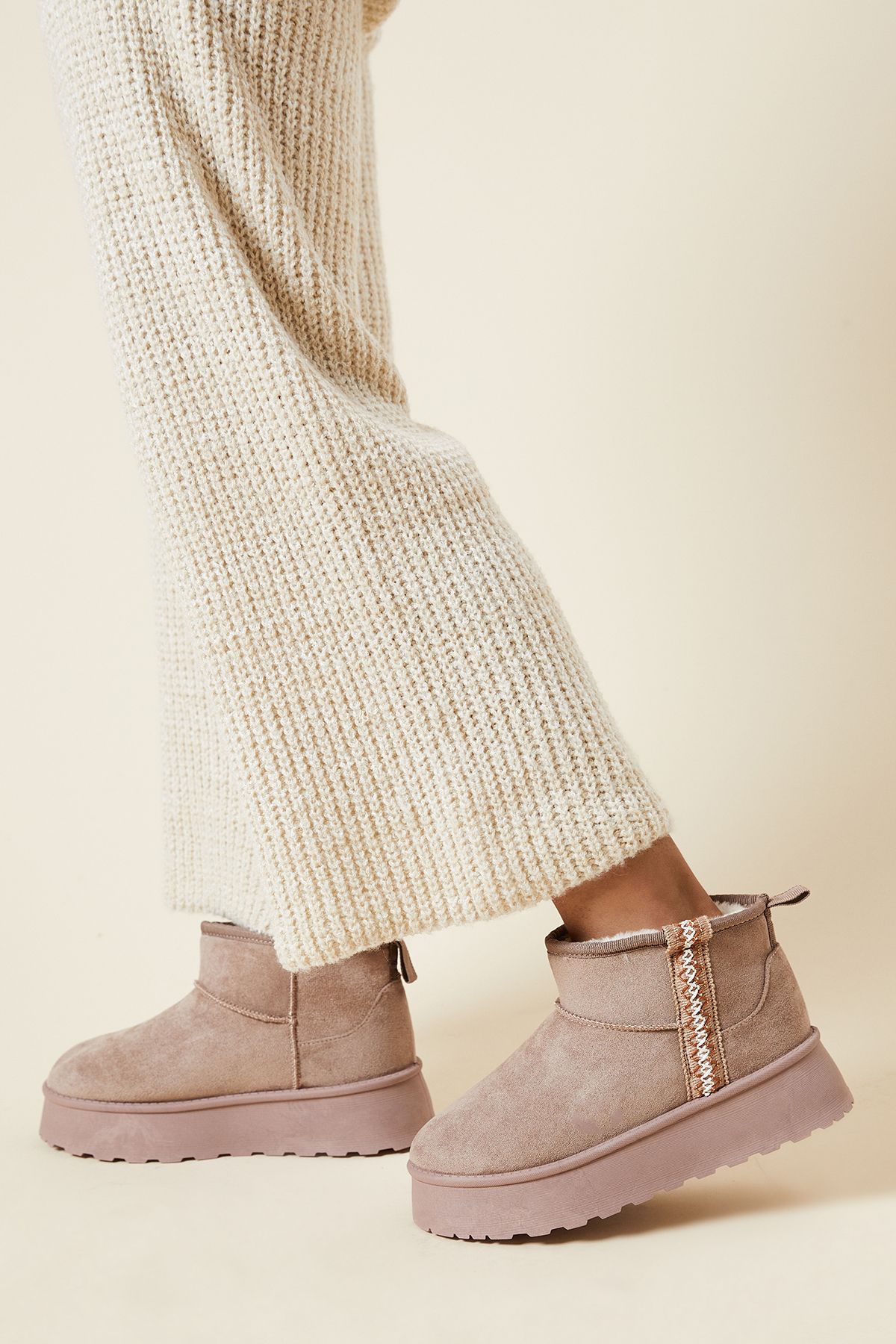 Dorothy Perkins Hania Suedette Faux Fur Lined Stitch Detail Cosy Chunky Flatform Ankle Boots Taupe image 2