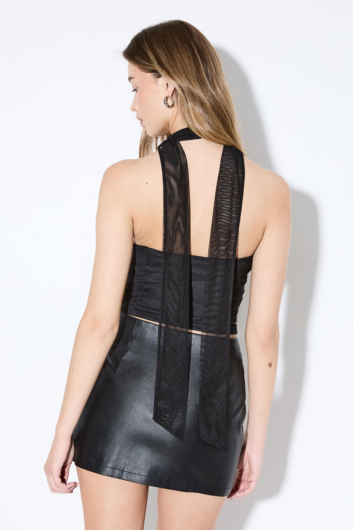 MissPap Premium Mesh Scarf Detail Halter Top Black image 3