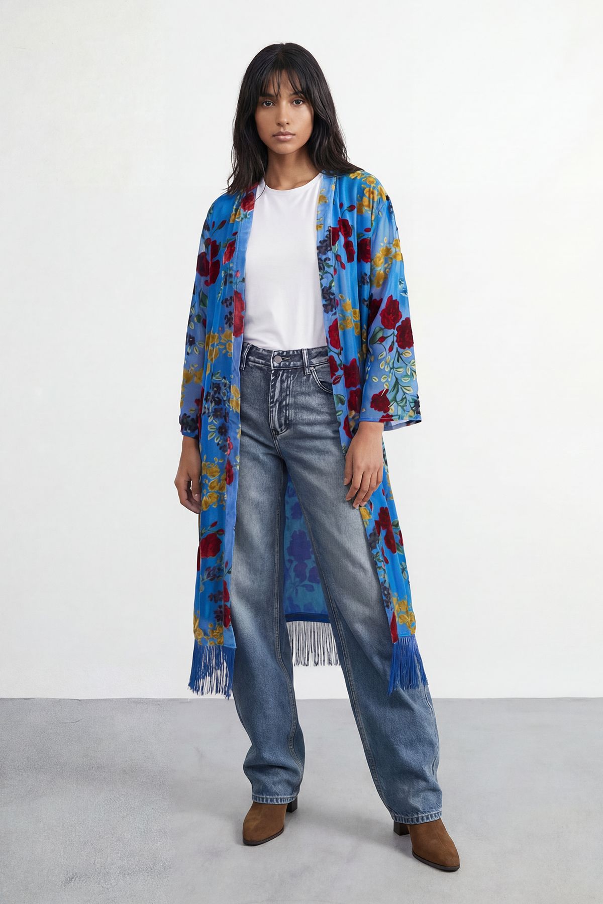 Warehouse Petite Premium Burnout Fringe Hem Midi Kimono Blue